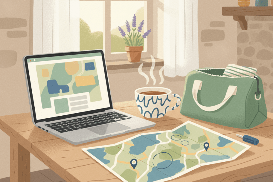 Editorial illustration of a cosy British holiday cottage booking scene with a laptop, map, tea mug and weekend bag in warm natural light