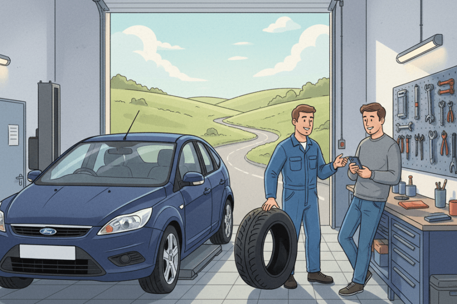 Editorial illustration of a friendly British autocentre with a family car getting tyre service while a driver checks booking details