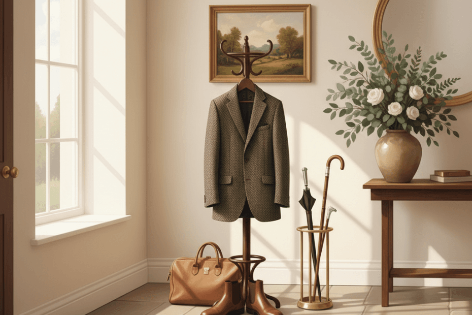Editorial illustration of a stylish British country-clothing scene with a tailored jacket, boots and a weekend bag in a warm, elegant hallway