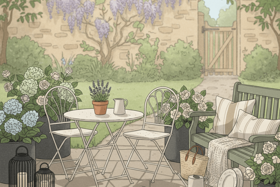 Editorial illustration of a calm British home and garden scene with stylish outdoor furniture, planters and soft natural light