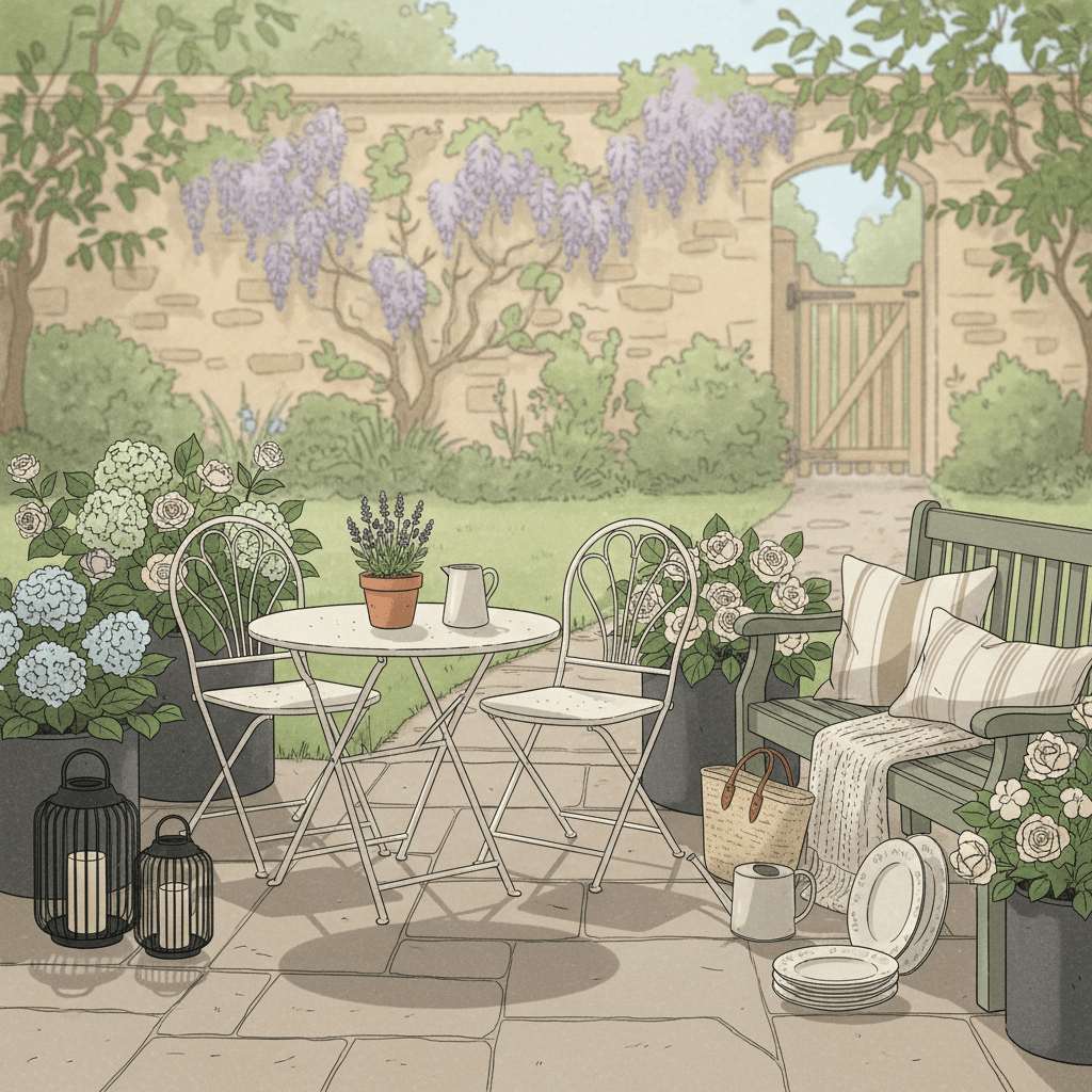 Editorial illustration of a calm British home and garden scene with stylish outdoor furniture, planters and soft natural light