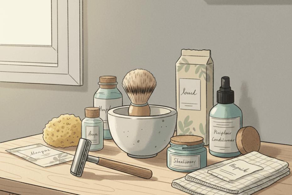 Editorial illustration of a tidy bathroom shelf with a reusable safety razor, shaving brush and plastic-free grooming accessories in warm natural light