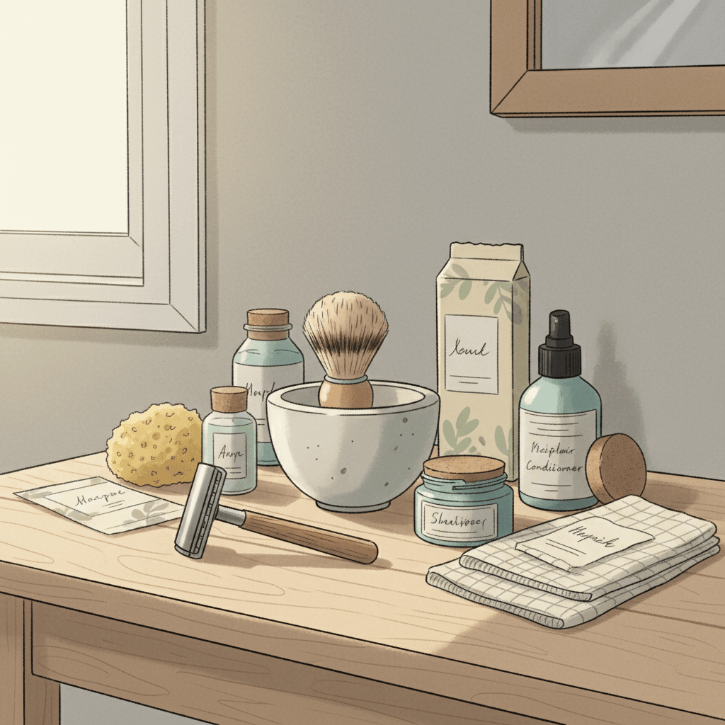 Editorial illustration of a tidy bathroom shelf with a reusable safety razor, shaving brush and plastic-free grooming accessories in warm natural light