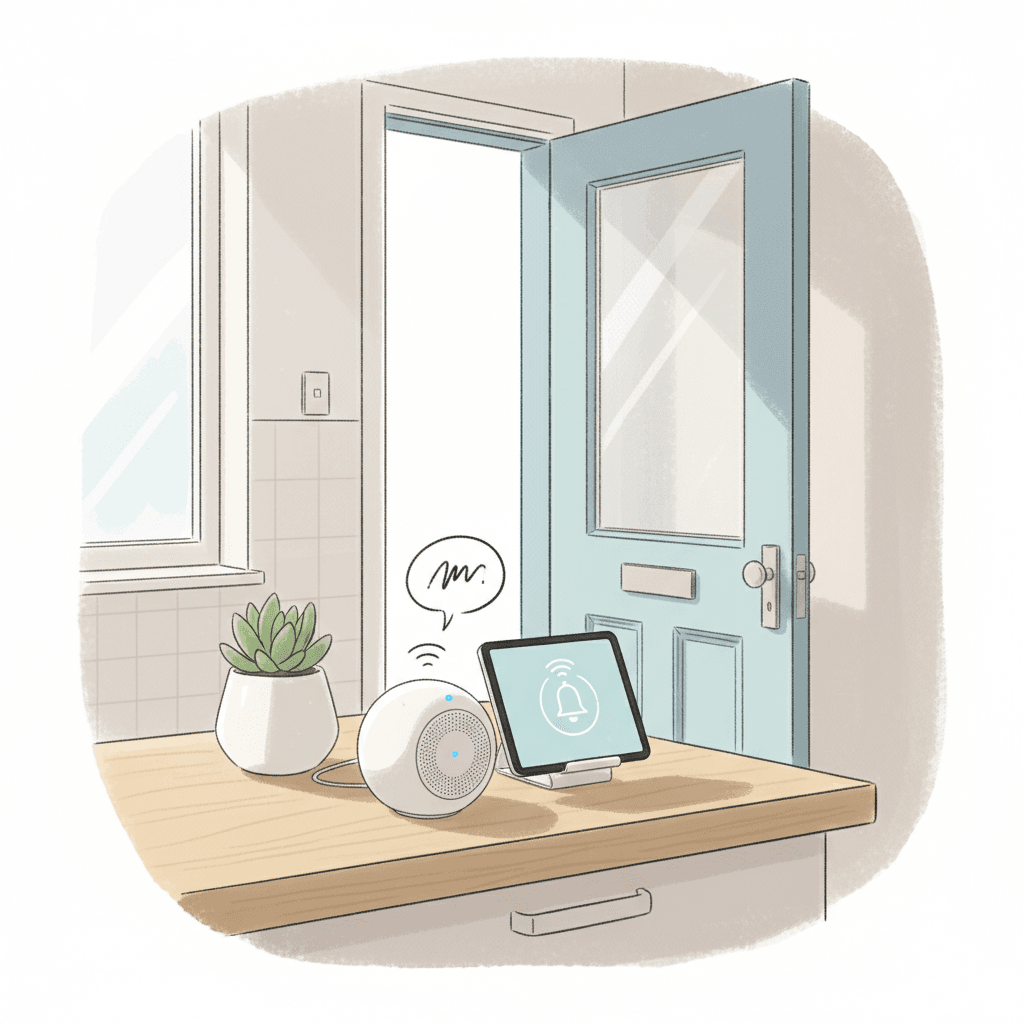Editorial illustration of a tidy British hallway with a smart doorbell chime device, warm lighting and a calm home-security feel
