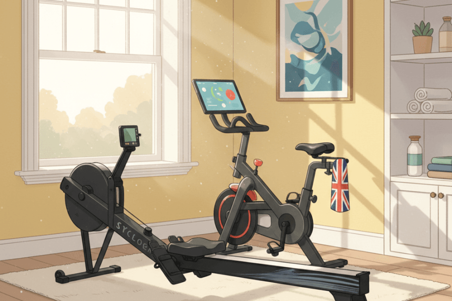 Editorial illustration of a bright British spare room with a stylish rowing machine and exercise bike, warm natural light and a friendly home-gym feel