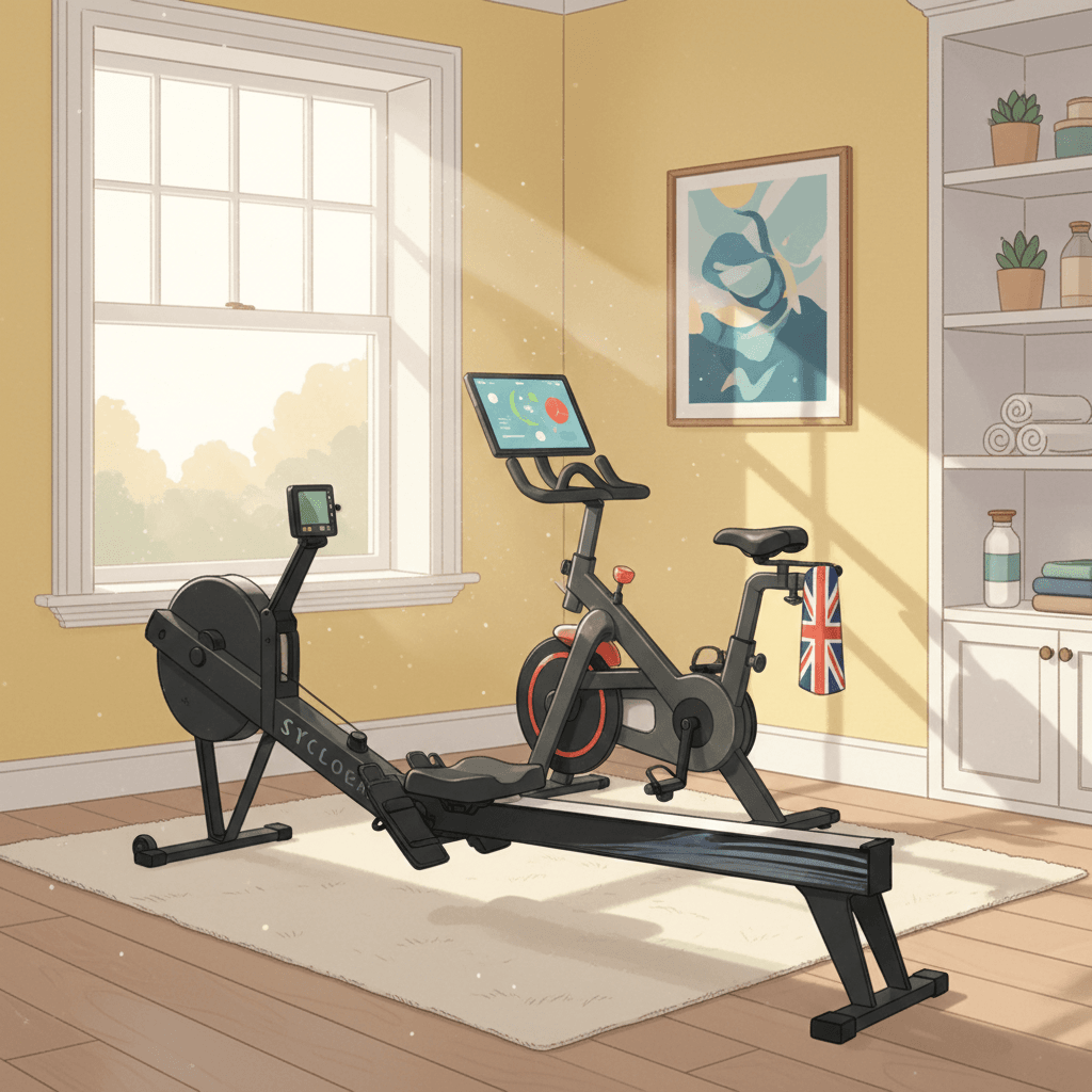 Editorial illustration of a bright British spare room with a stylish rowing machine and exercise bike, warm natural light and a friendly home-gym feel