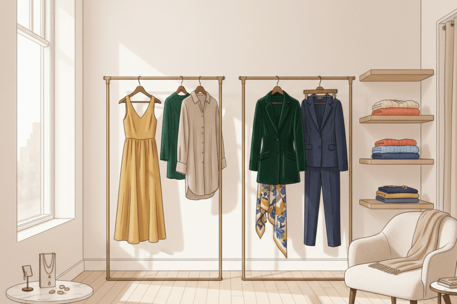 Editorial illustration of a calm British womenswear boutique with colourful timeless clothing, folded knitwear and a welcoming styling feel