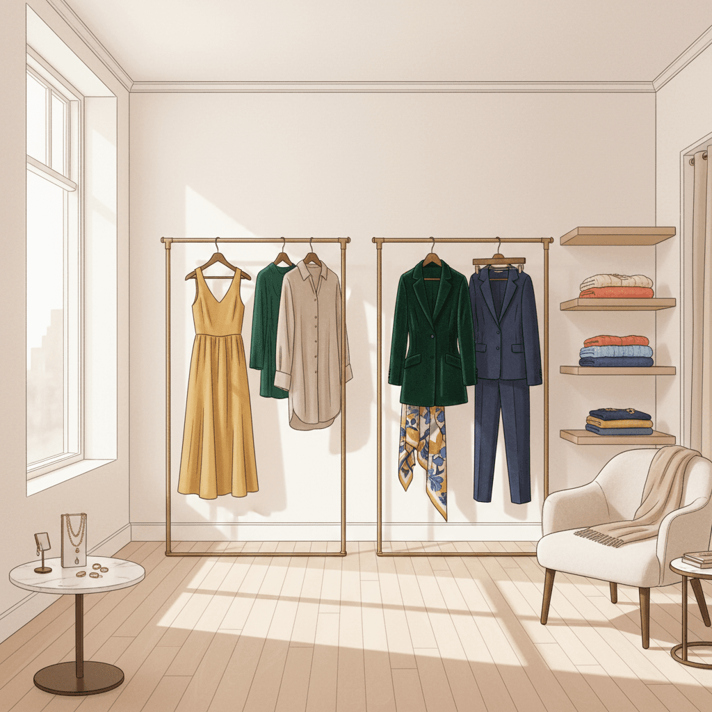 Editorial illustration of a calm British womenswear boutique with colourful timeless clothing, folded knitwear and a welcoming styling feel