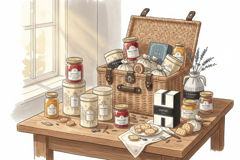 Editorial illustration of a stylish British teatime gifting scene with luxury hampers, biscuit tins, jam jars and warm kitchen-table light