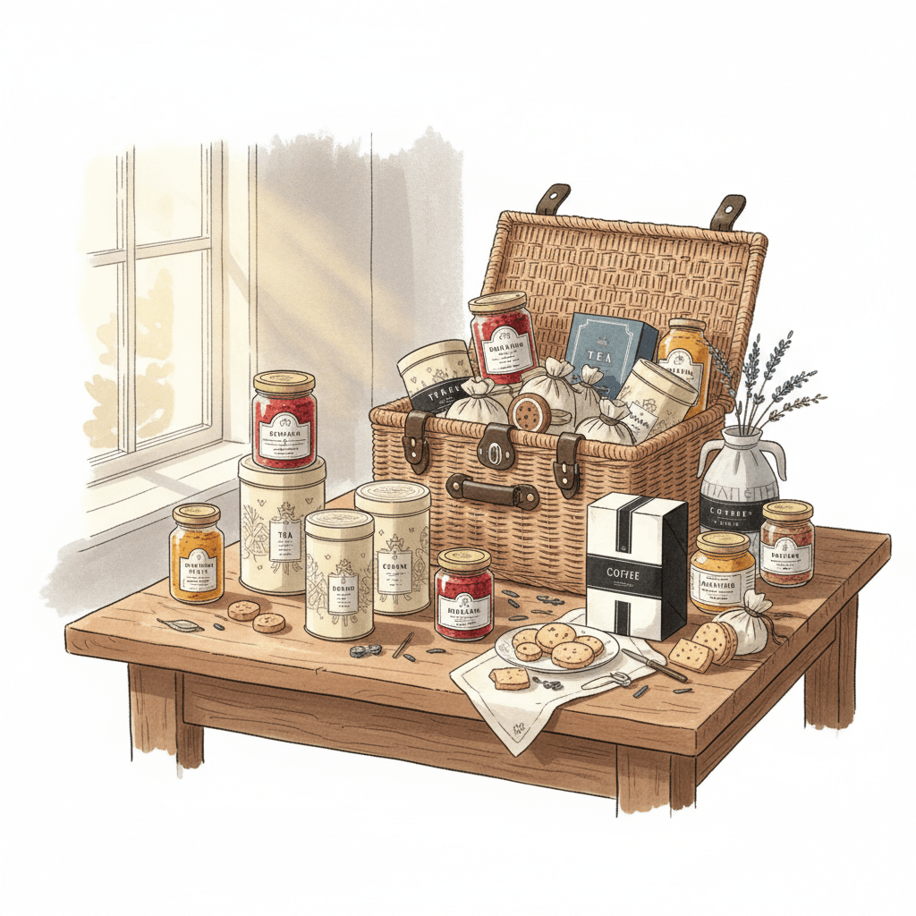 Editorial illustration of a stylish British teatime gifting scene with luxury hampers, biscuit tins, jam jars and warm kitchen-table light
