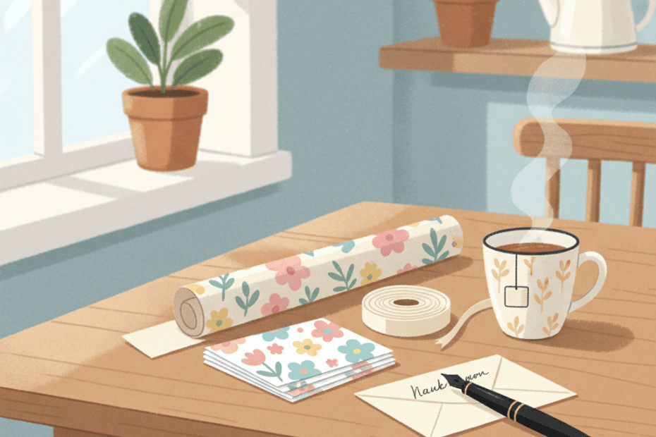 Editorial illustration of a cosy British tabletop with greeting cards, ribbon, wrapping paper and a handwritten note in soft daylight