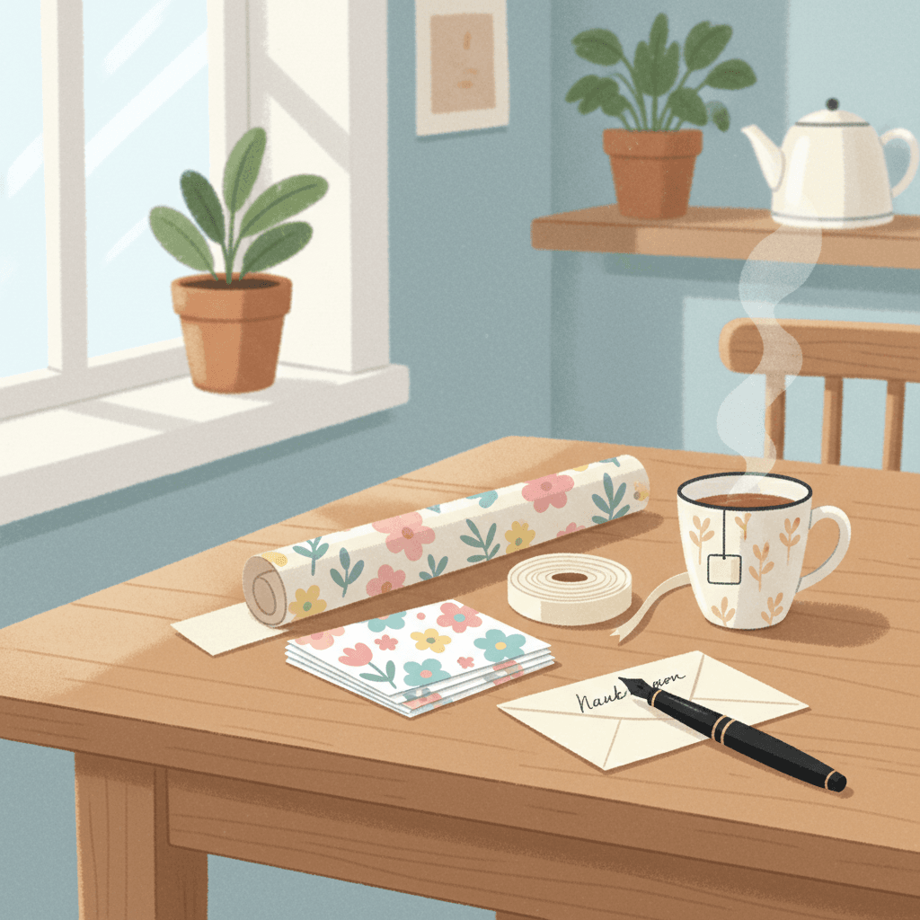 Editorial illustration of a cosy British tabletop with greeting cards, ribbon, wrapping paper and a handwritten note in soft daylight