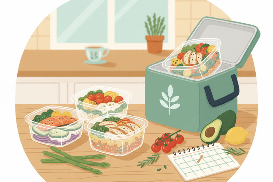 Editorial illustration of chilled chef-prepared meal boxes, reusable cooler packaging and a tidy British kitchen counter with a weekly meal plan feel
