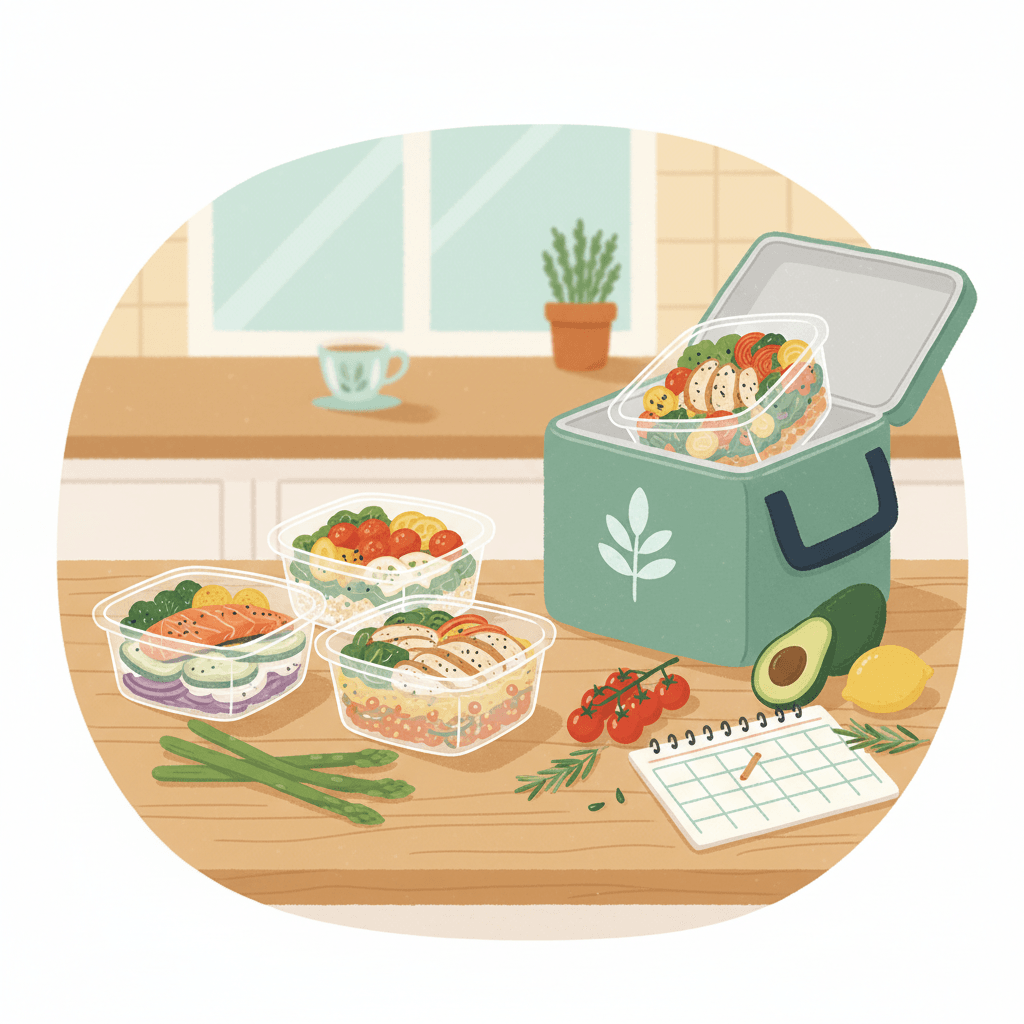 Editorial illustration of chilled chef-prepared meal boxes, reusable cooler packaging and a tidy British kitchen counter with a weekly meal plan feel