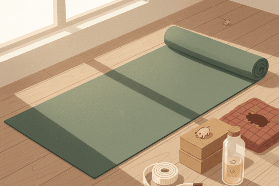 Editorial illustration of a natural rubber yoga mat, cork blocks and calm home yoga equipment in soft earthy colours