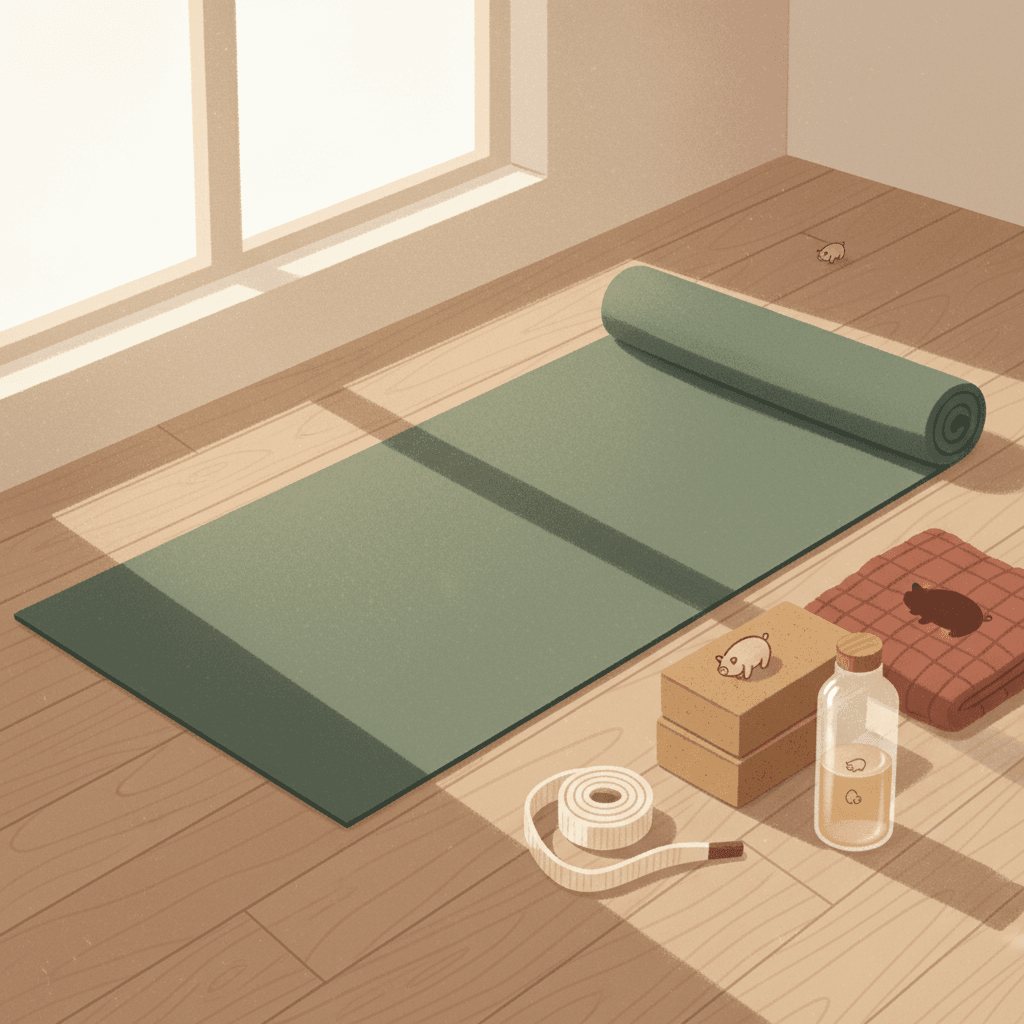Editorial illustration of a natural rubber yoga mat, cork blocks and calm home yoga equipment in soft earthy colours