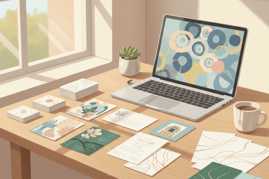 Editorial illustration of a cheerful British small-business desk with premium business cards, postcards and branded print samples