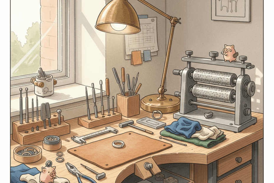 Editorial illustration of a tidy jeweller's bench with a rolling mill, hand tools and small metal blanks in warm workshop light