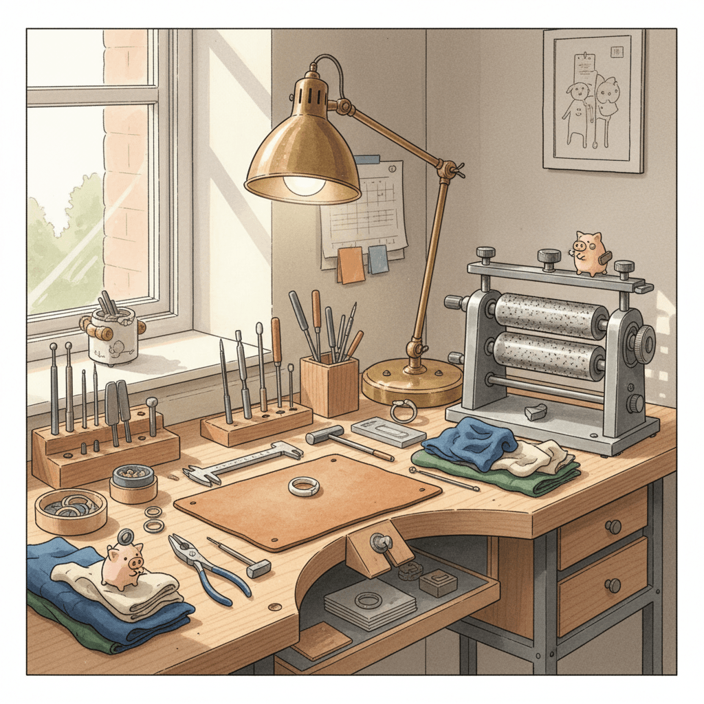 Editorial illustration of a tidy jeweller's bench with a rolling mill, hand tools and small metal blanks in warm workshop light