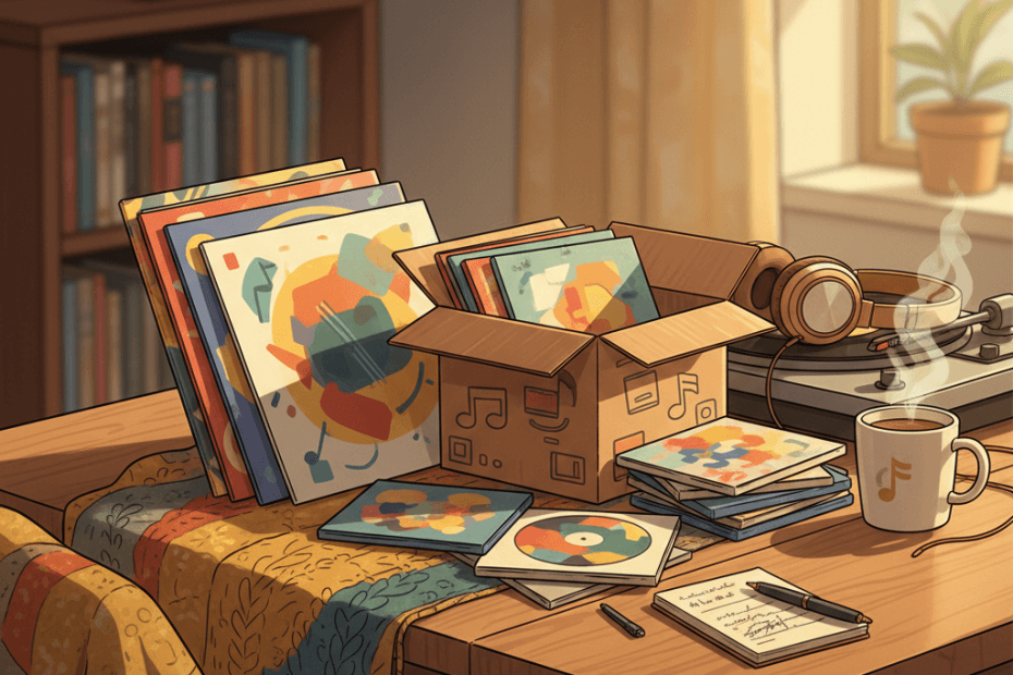 Editorial illustration of vinyl records, CDs and film discs arranged on a cosy listening-room table