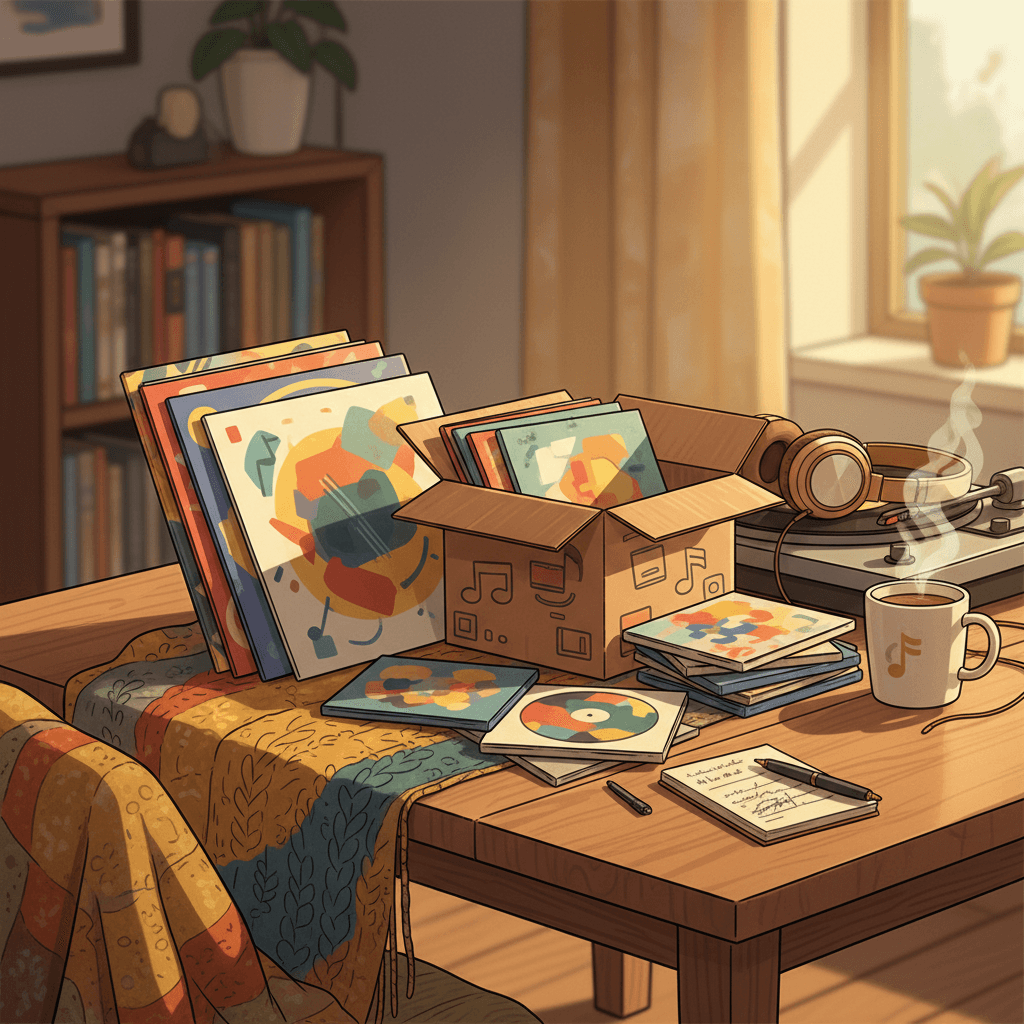 Editorial illustration of vinyl records, CDs and film discs arranged on a cosy listening-room table