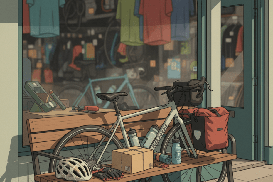 Editorial illustration of a bicycle, helmet and parcel box outside a friendly local bike shop