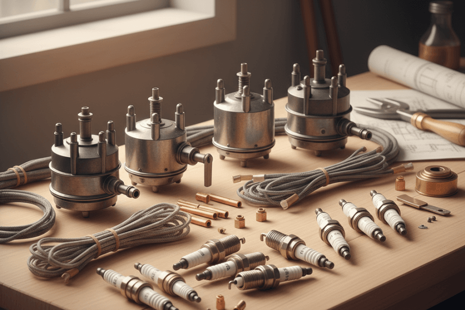 Editorial illustration of classic car ignition parts and spark plugs arranged on a clean workshop bench