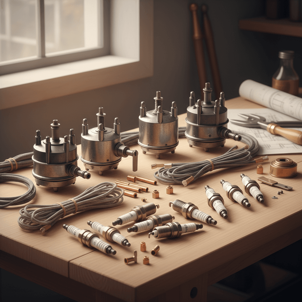 Editorial illustration of classic car ignition parts and spark plugs arranged on a clean workshop bench