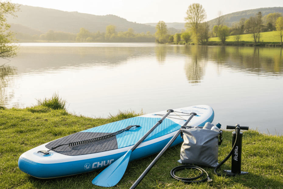 Editorial illustration of an inflatable paddle board, paddle and dry bag beside calm water