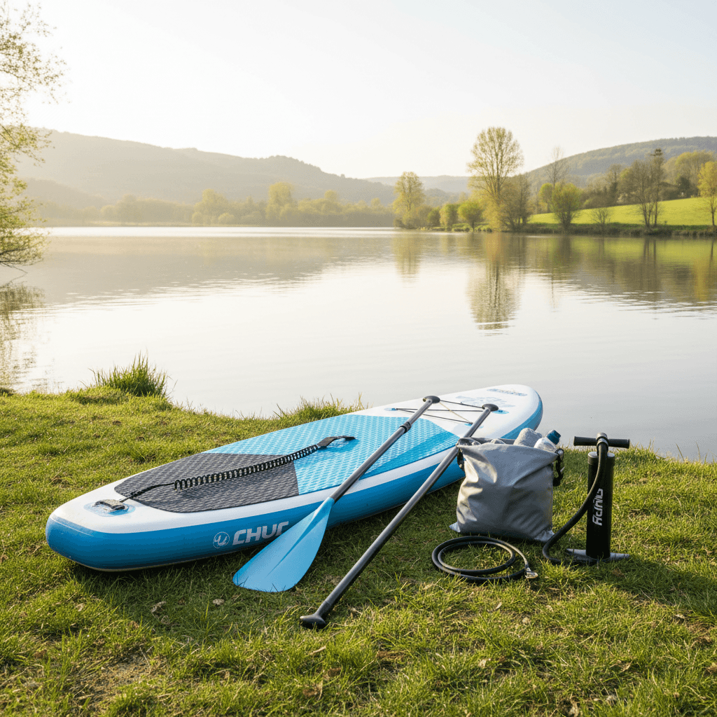 Editorial illustration of an inflatable paddle board, paddle and dry bag beside calm water