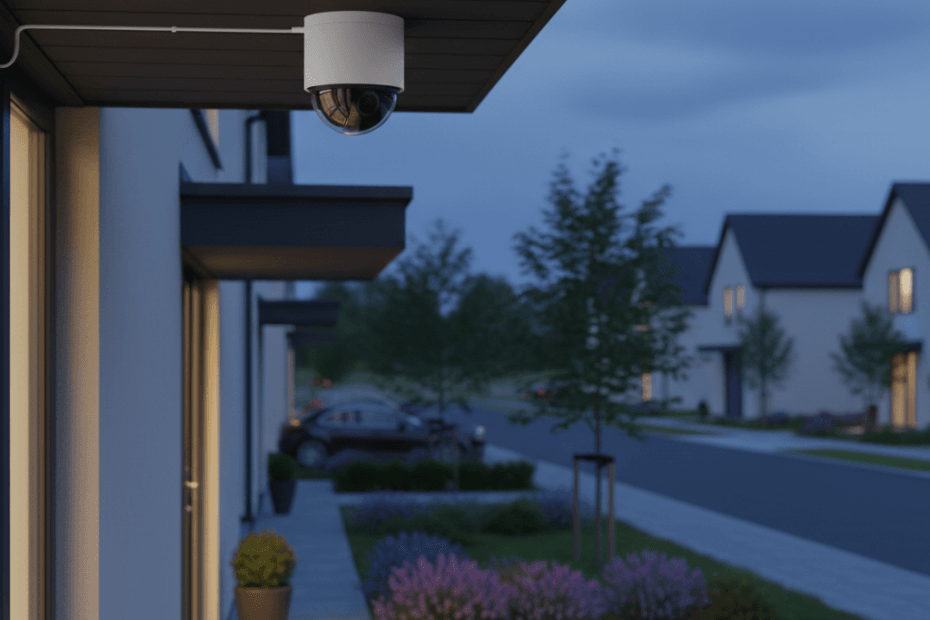 Editorial illustration of a white PoE security camera mounted outside a home at dusk