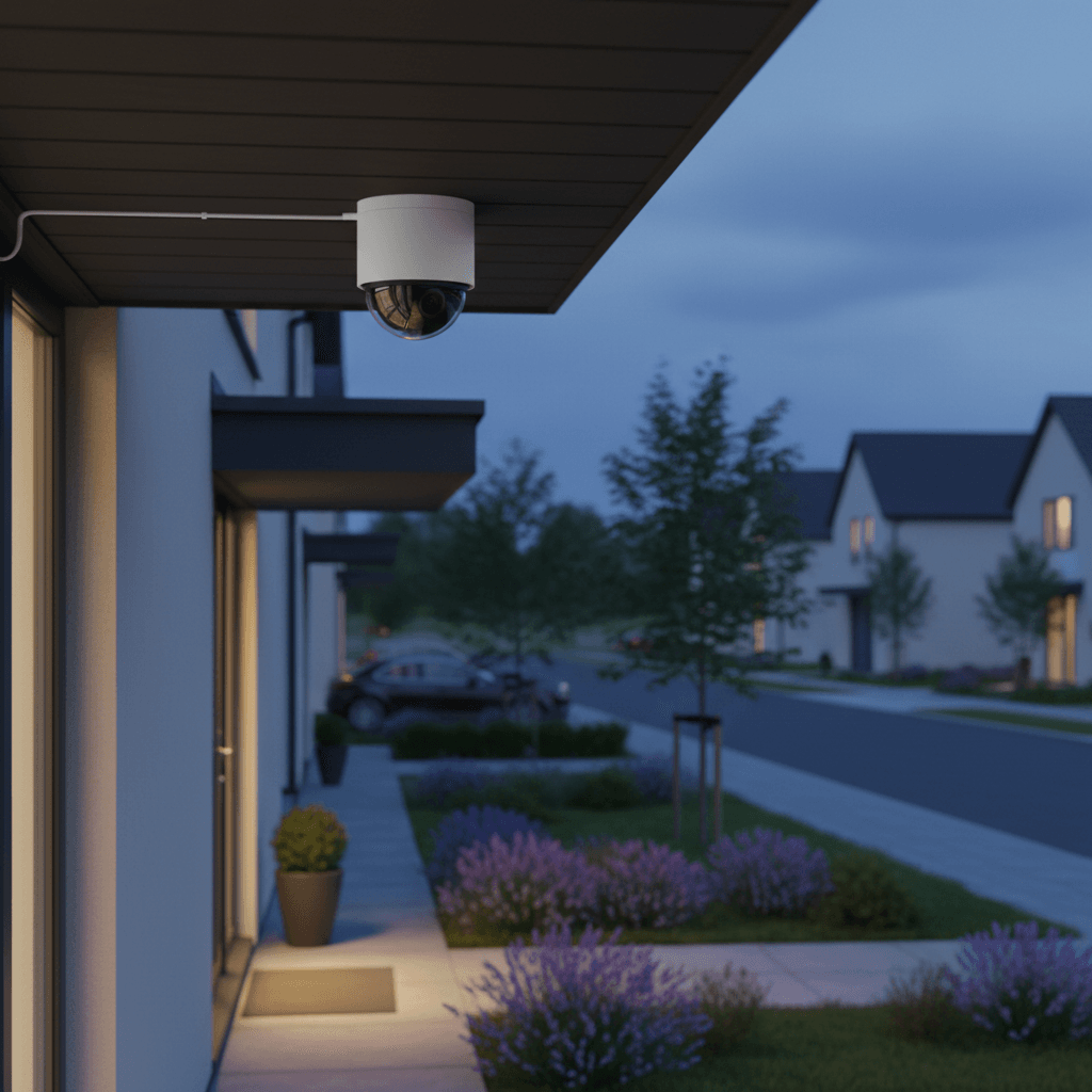 Editorial illustration of a white PoE security camera mounted outside a home at dusk