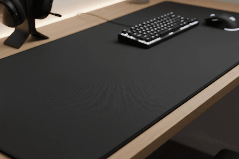 Editorial illustration of a large unbranded desk pad with a keyboard, mouse and tidy gaming desk accessories