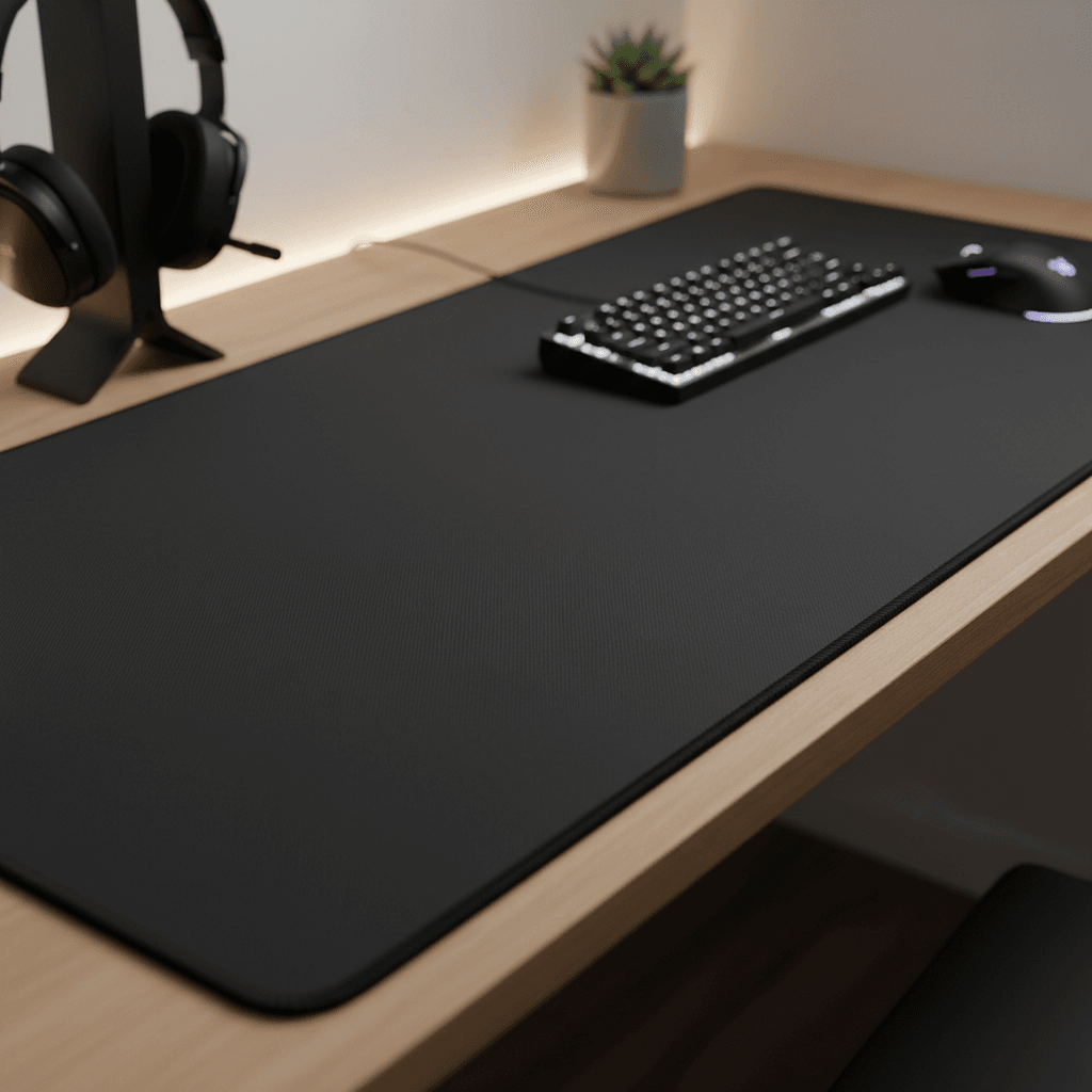 Editorial illustration of a large unbranded desk pad with a keyboard, mouse and tidy gaming desk accessories