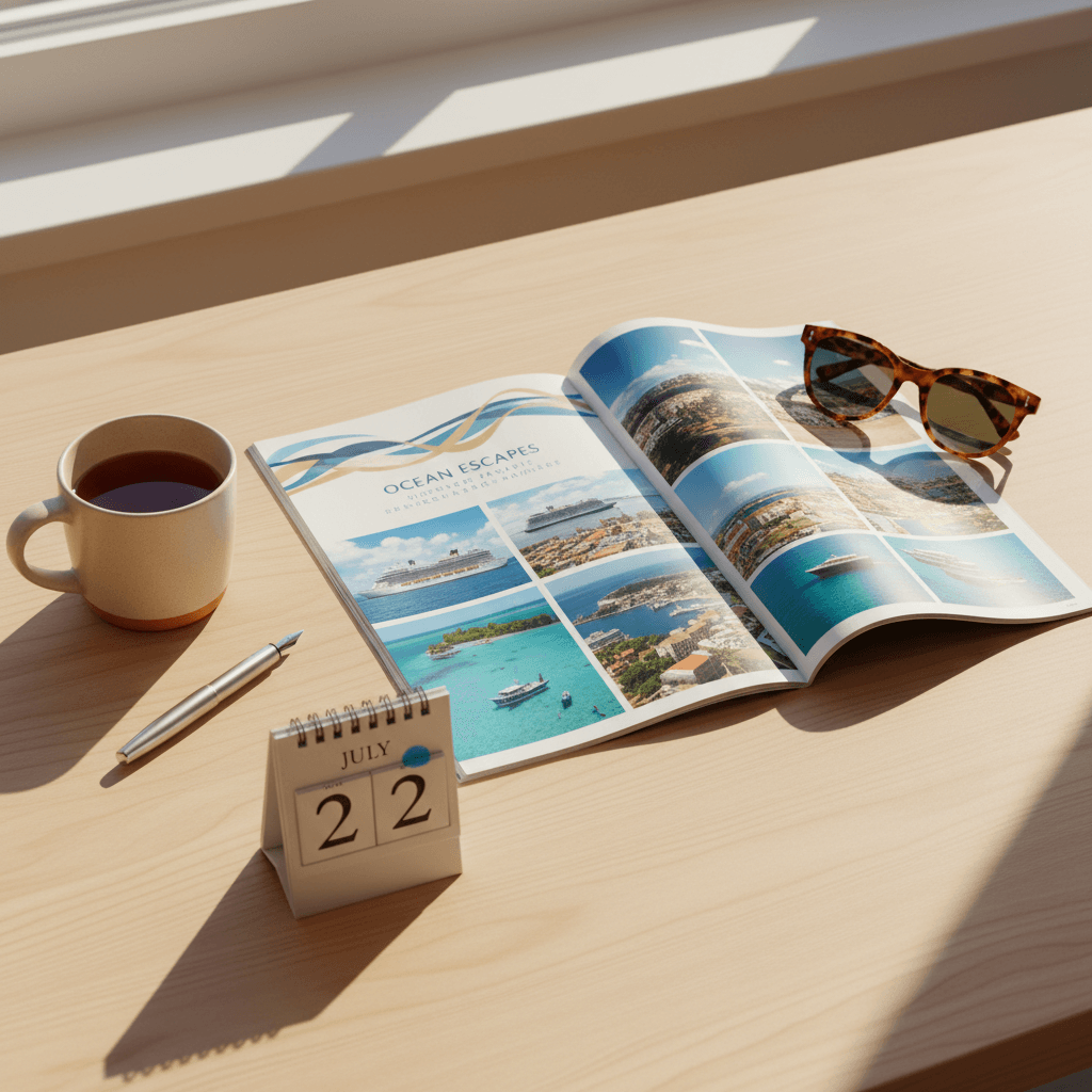 Editorial illustration of a cruise ship brochure, sunglasses and a mug on a tidy travel-planning desk