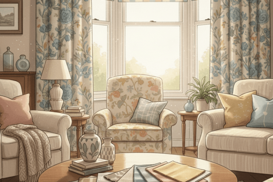 Editorial illustration of a cosy British living room with patterned curtains, fabric swatches and a tape measure on a coffee table