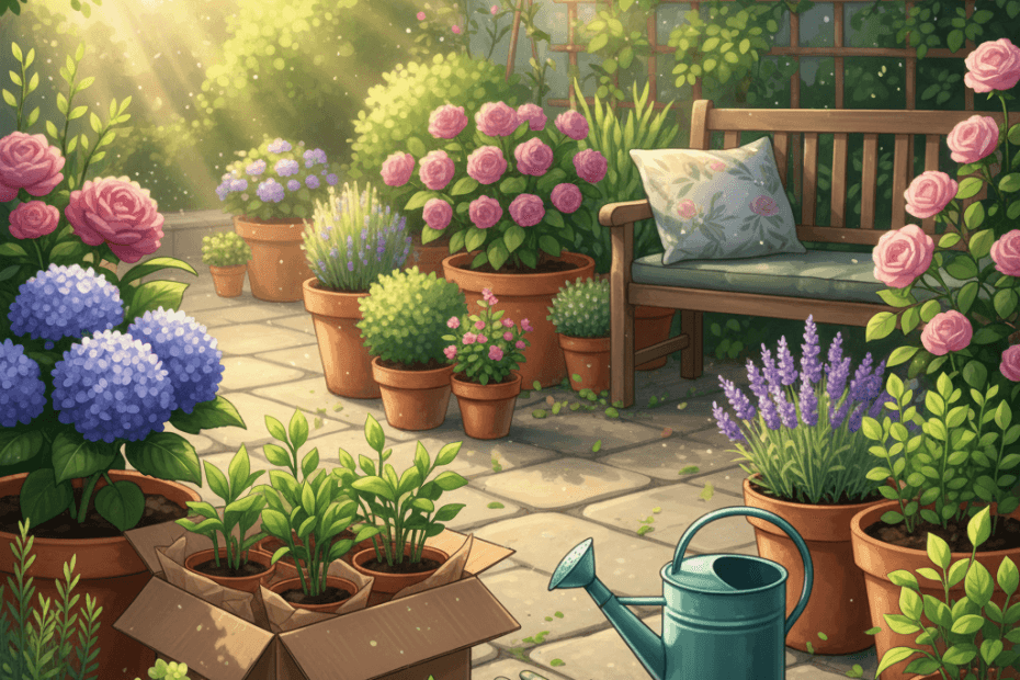 Editorial illustration of a cheerful British garden patio with potted plants, boxed deliveries and gardening tools in warm morning light