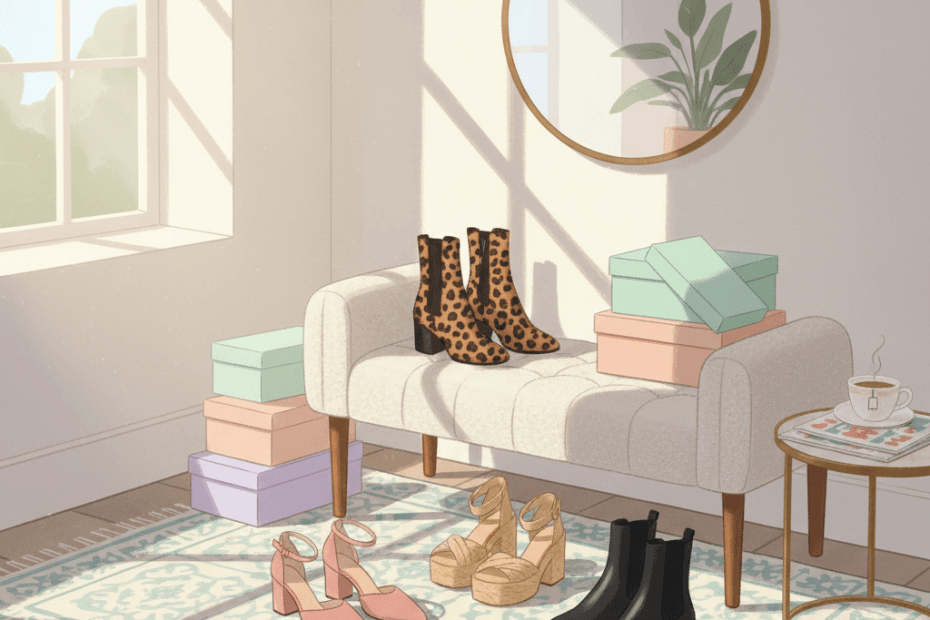 Editorial illustration of a stylish British hallway with fashion shoes, boots and delivery boxes in soft spring light