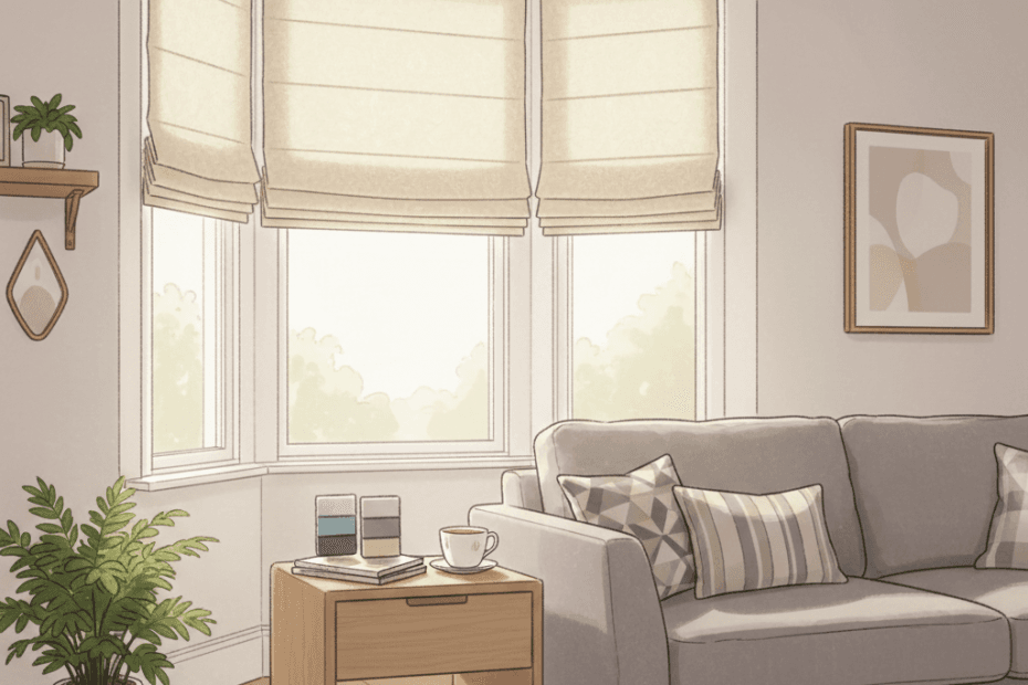 Editorial illustration of a bright British living room with made-to-measure blinds, sample swatches and soft natural light