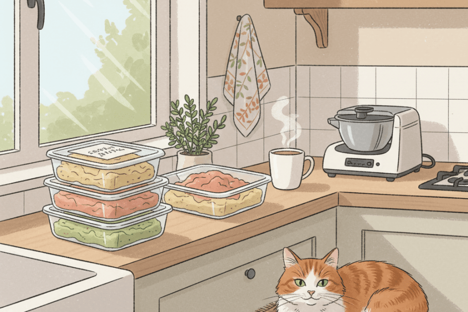 Editorial illustration of a cosy British kitchen with neatly portioned fresh cat food trays, a contented cat nearby and soft morning light