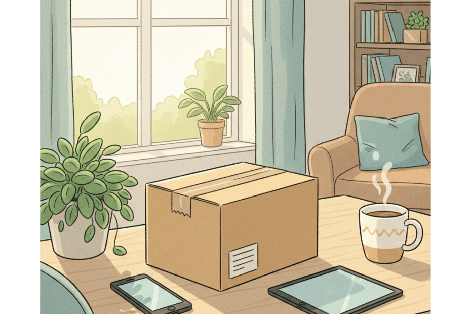 Editorial illustration of a tidy British home desk with a boxed-up MacBook ready for trade-in, a phone beside it and warm natural light