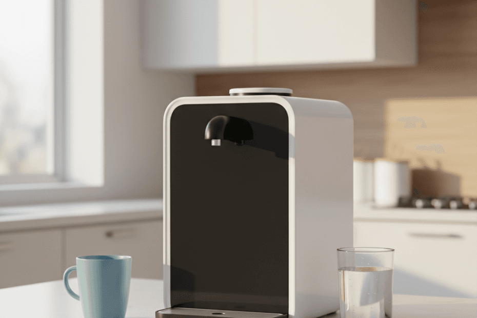 Generic countertop instant hot reverse osmosis water filter on a kitchen counter