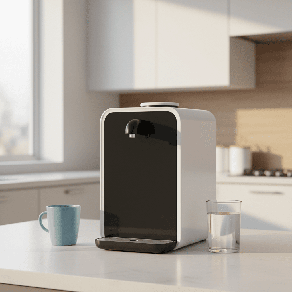 Generic countertop instant hot reverse osmosis water filter on a kitchen counter