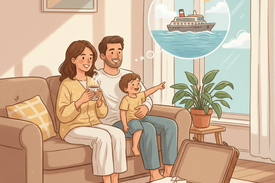 Whimsical illustration of a family daydreaming about a cruise holiday from a cosy living room with generic seaside cues