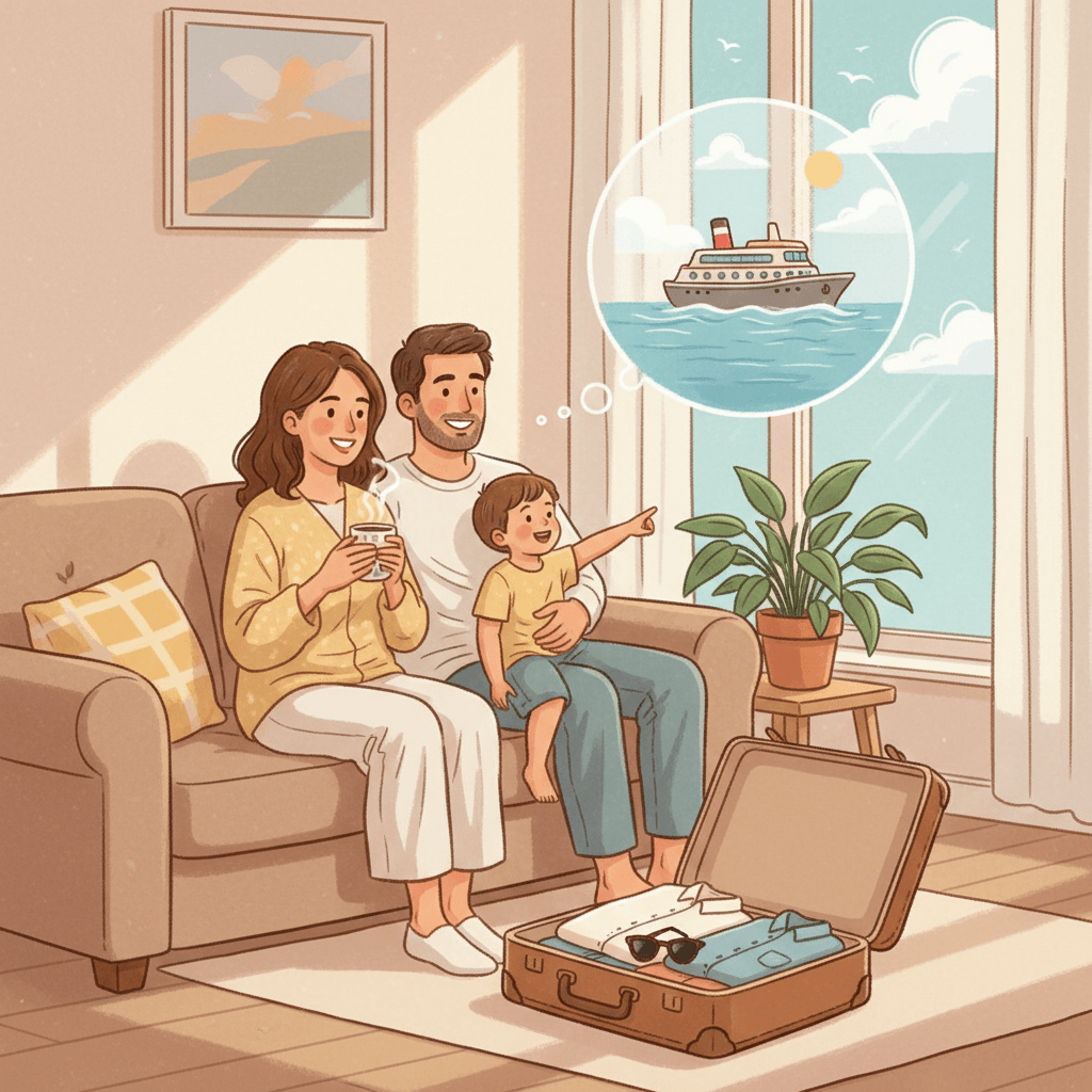 Whimsical illustration of a family daydreaming about a cruise holiday from a cosy living room with generic seaside cues