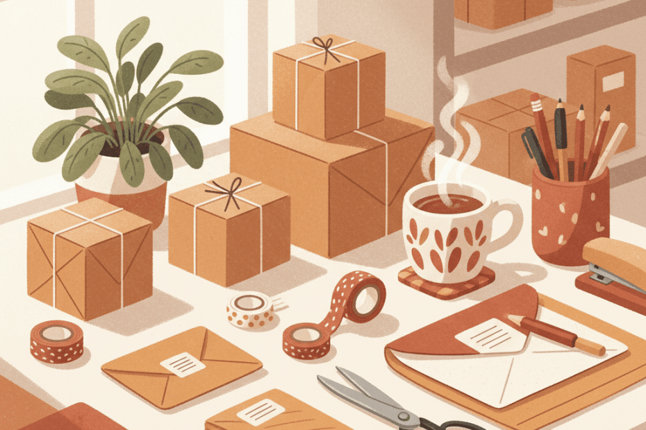 Warm editorial illustration of neatly packed parcels, mailing bags and tape on a small business packing table, with no visible logos or readable labels