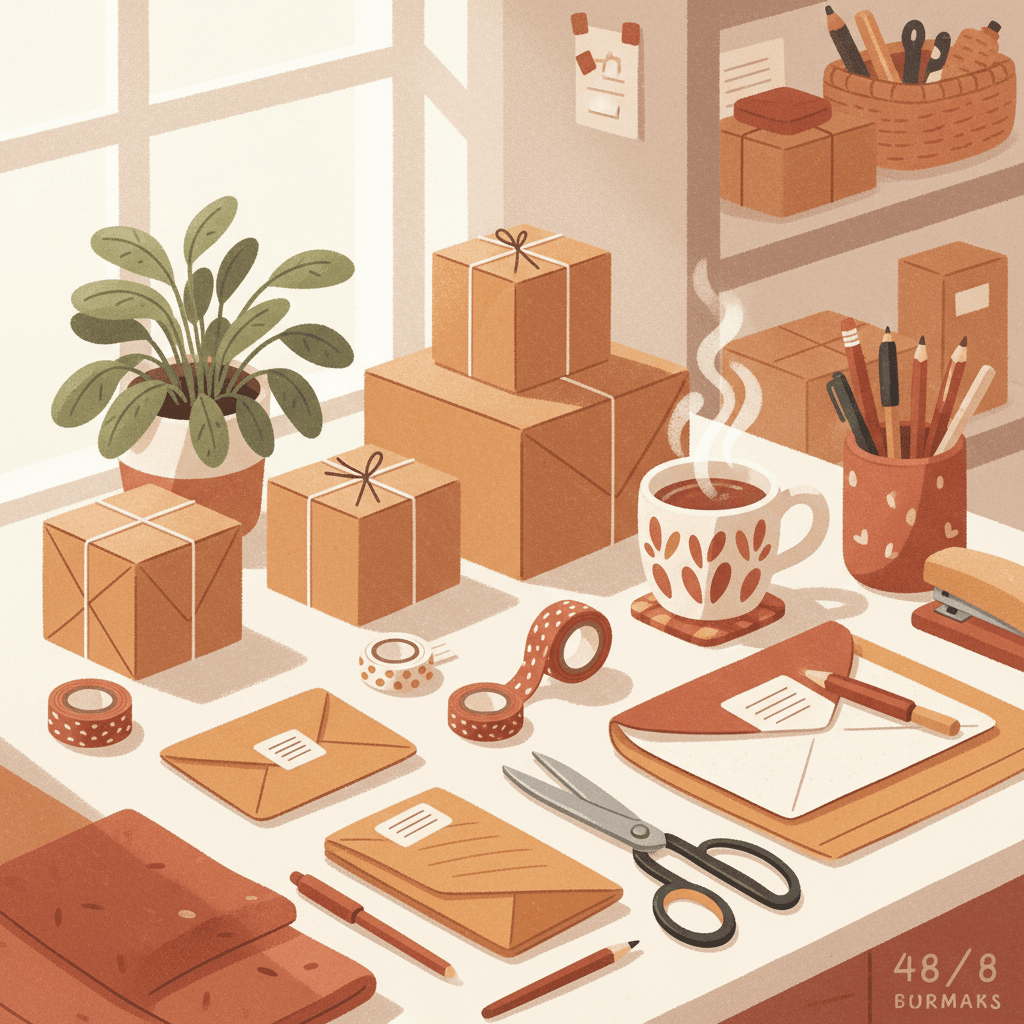 Warm editorial illustration of neatly packed parcels, mailing bags and tape on a small business packing table, with no visible logos or readable labels