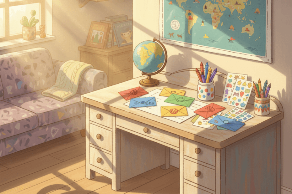 Warm whimsical illustration of a cosy child’s writing desk with envelopes, crayons, a world map and a playful cat shadow, no logos or readable text