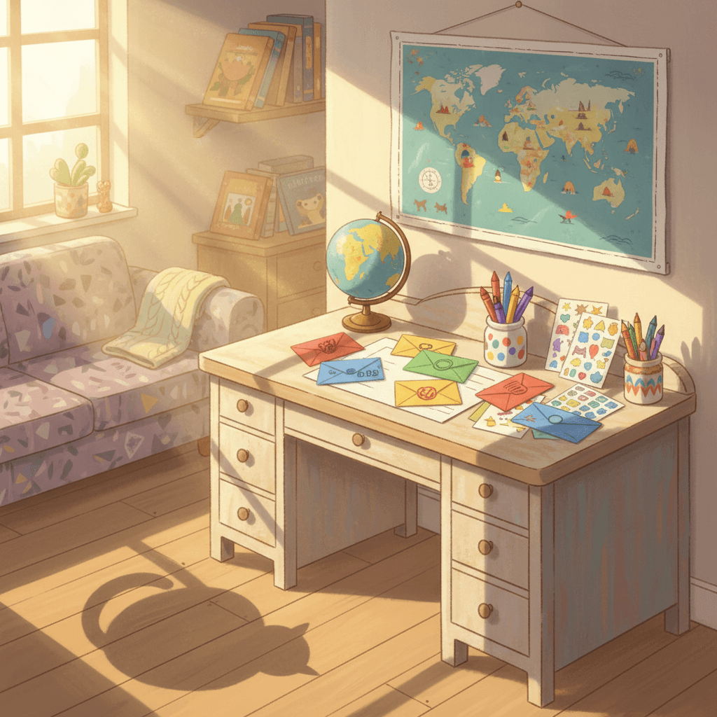 Warm whimsical illustration of a cosy child’s writing desk with envelopes, crayons, a world map and a playful cat shadow, no logos or readable text