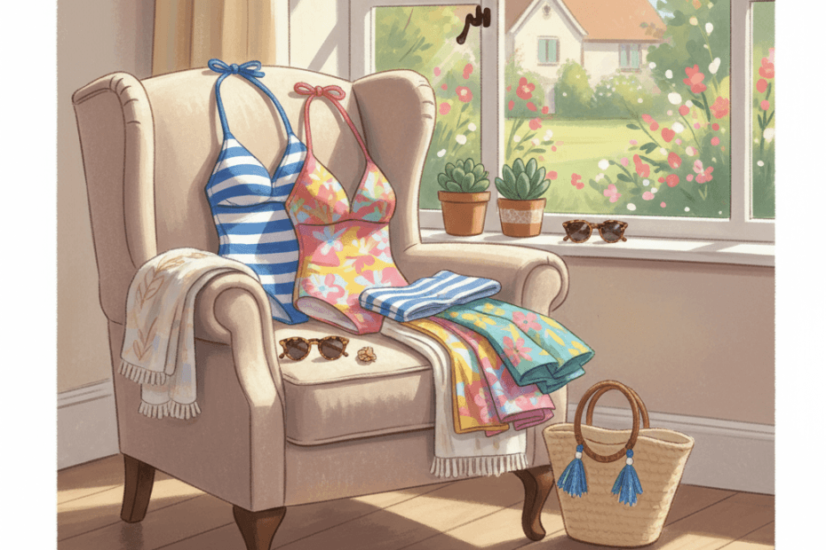 Warm editorial illustration of a cheerful seaside packing scene with colourful unbranded swimwear, sunglasses and a folded towel on a sunny bedroom chair